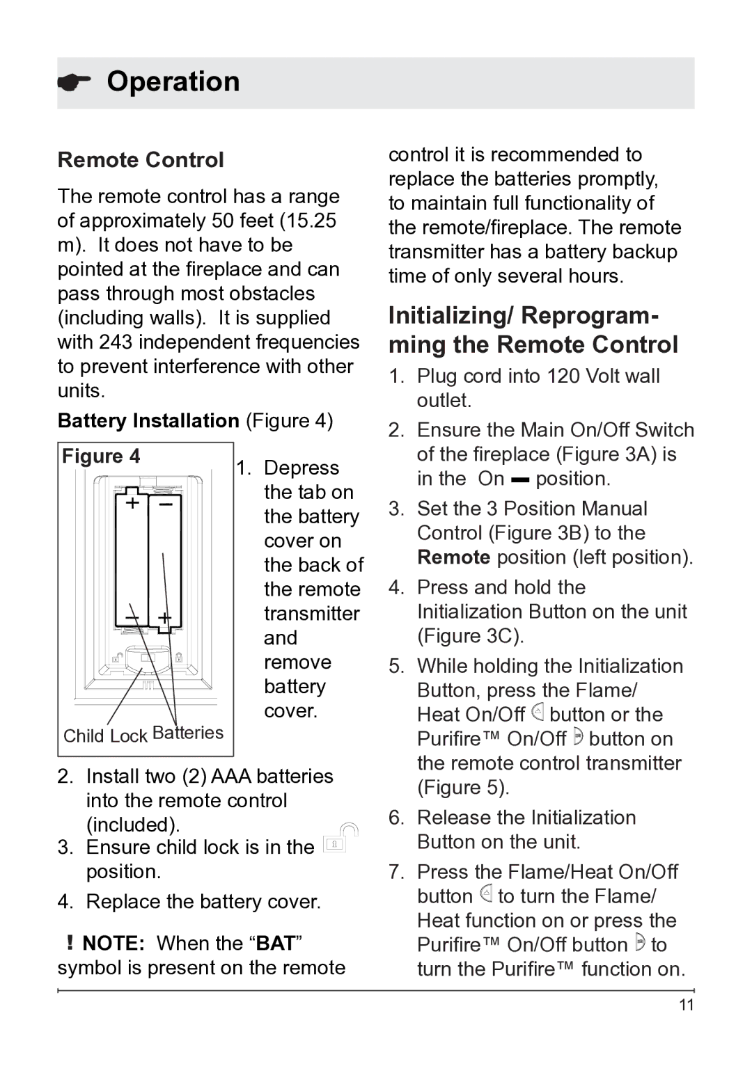 Dimplex DFB8842 owner manual Initializing/ Reprogram- ming the Remote Control, Battery Installation Figure 