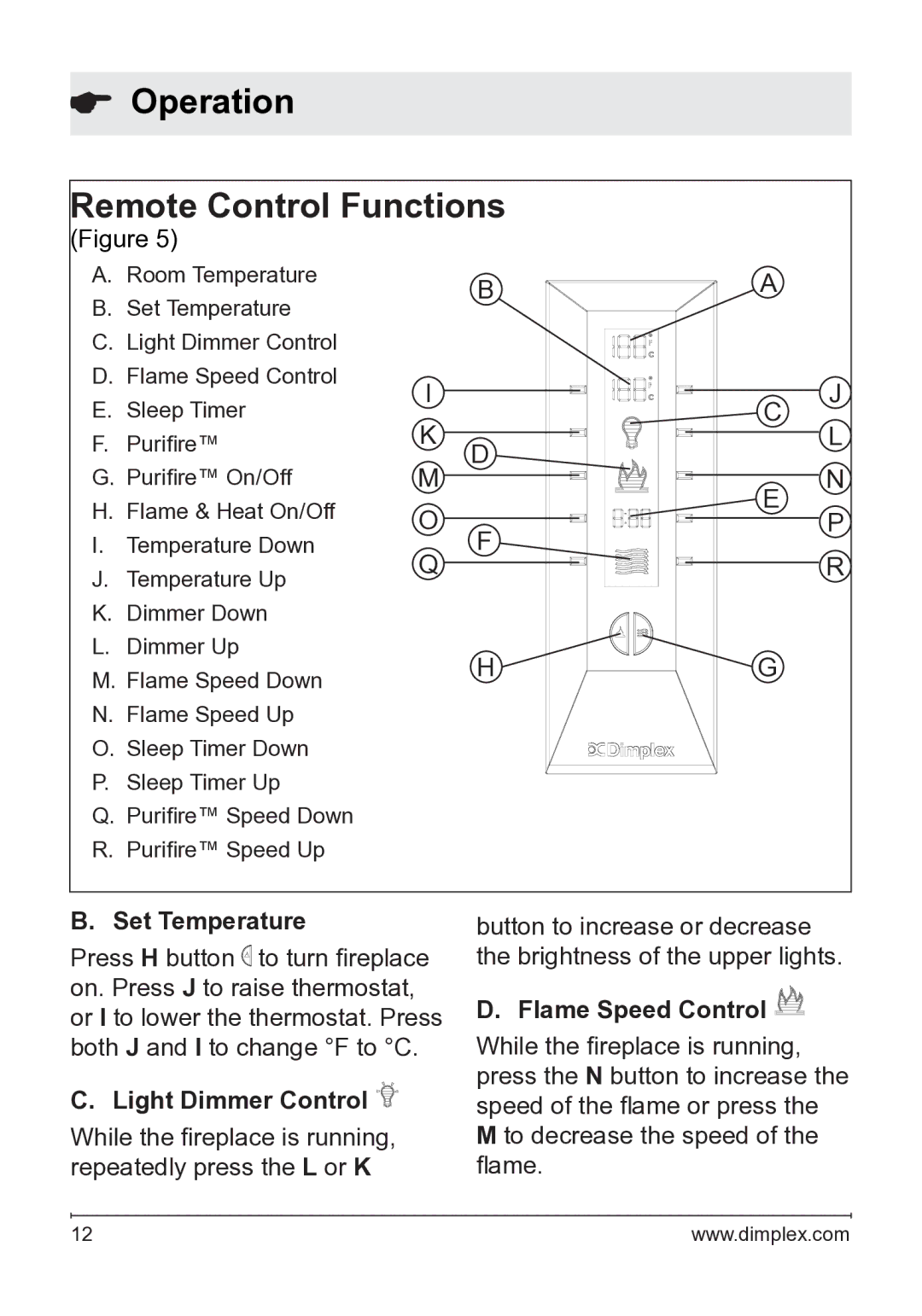 Dimplex DFB8842 owner manual Operation Remote Control Functions, Set Temperature, Light Dimmer Control, Flame Speed Control 