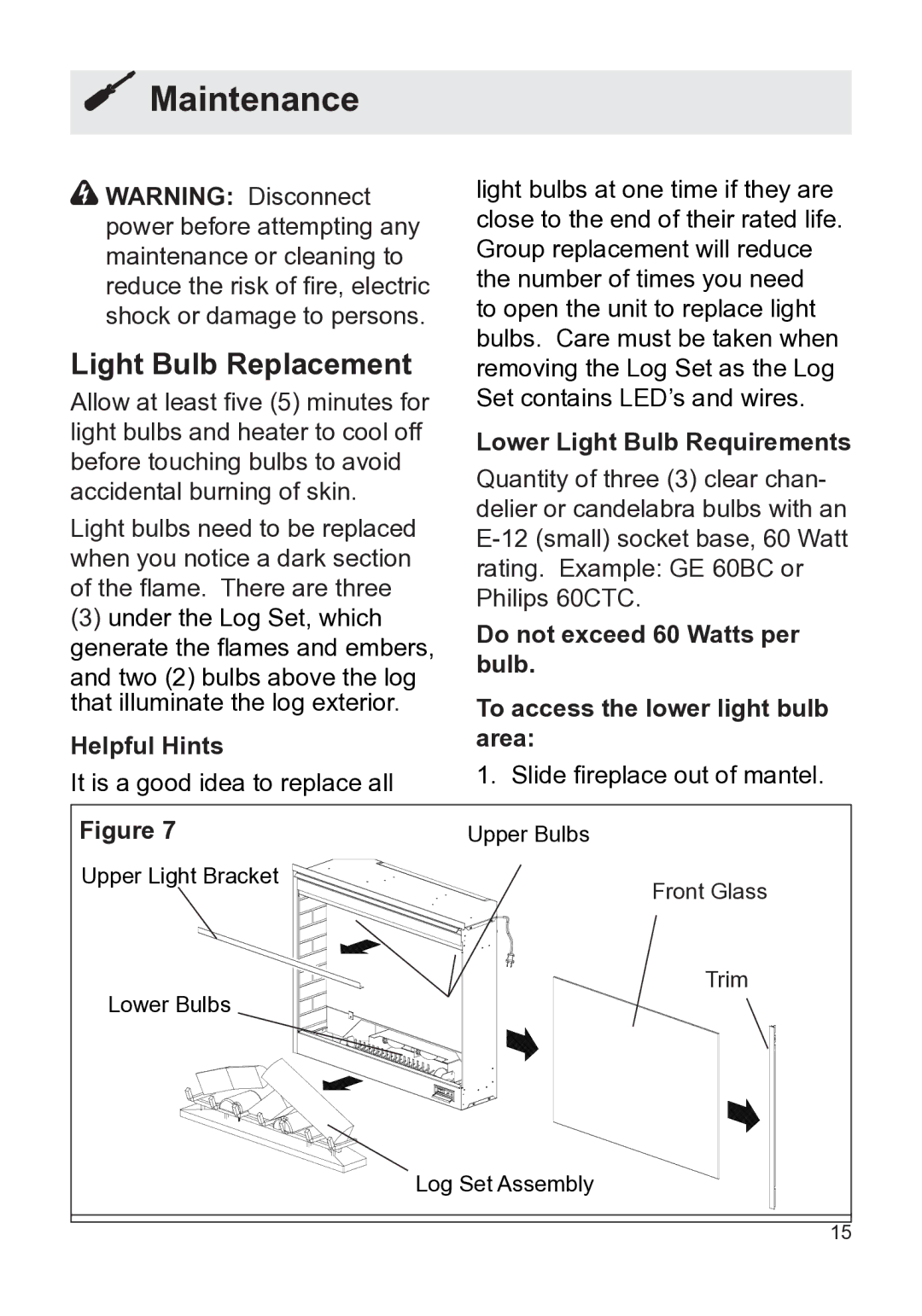 Dimplex DFB8842 owner manual Maintenance, Light Bulb Replacement, Helpful Hints, Lower Light Bulb Requirements 