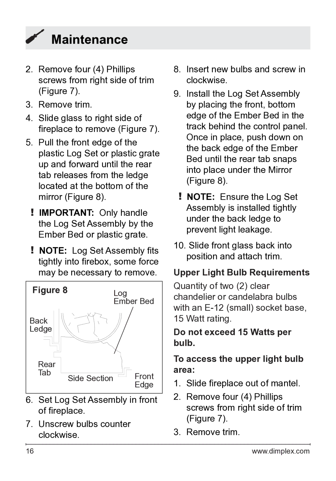 Dimplex DFB8842 owner manual Upper Light Bulb Requirements 