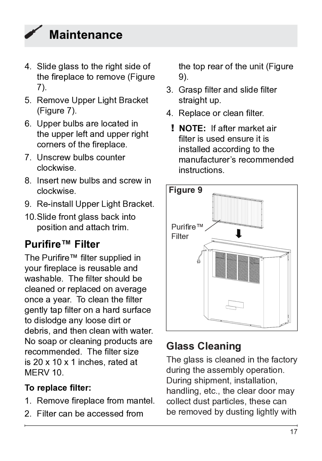 Dimplex DFB8842 owner manual Purifire Filter, Glass Cleaning, To replace filter 