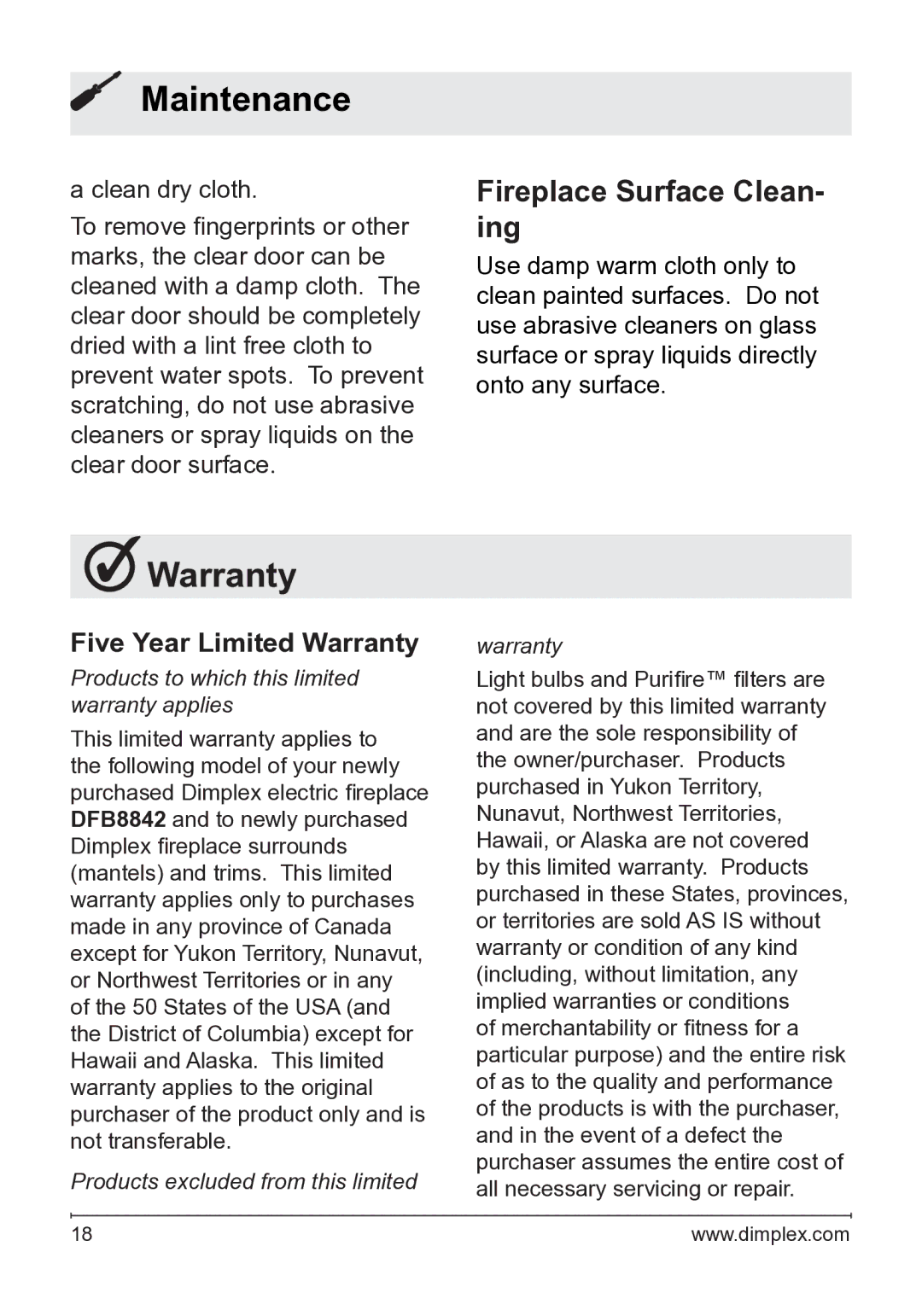 Dimplex DFB8842 owner manual Warranty, Fireplace Surface Clean- ing, Products to which this limited warranty applies 