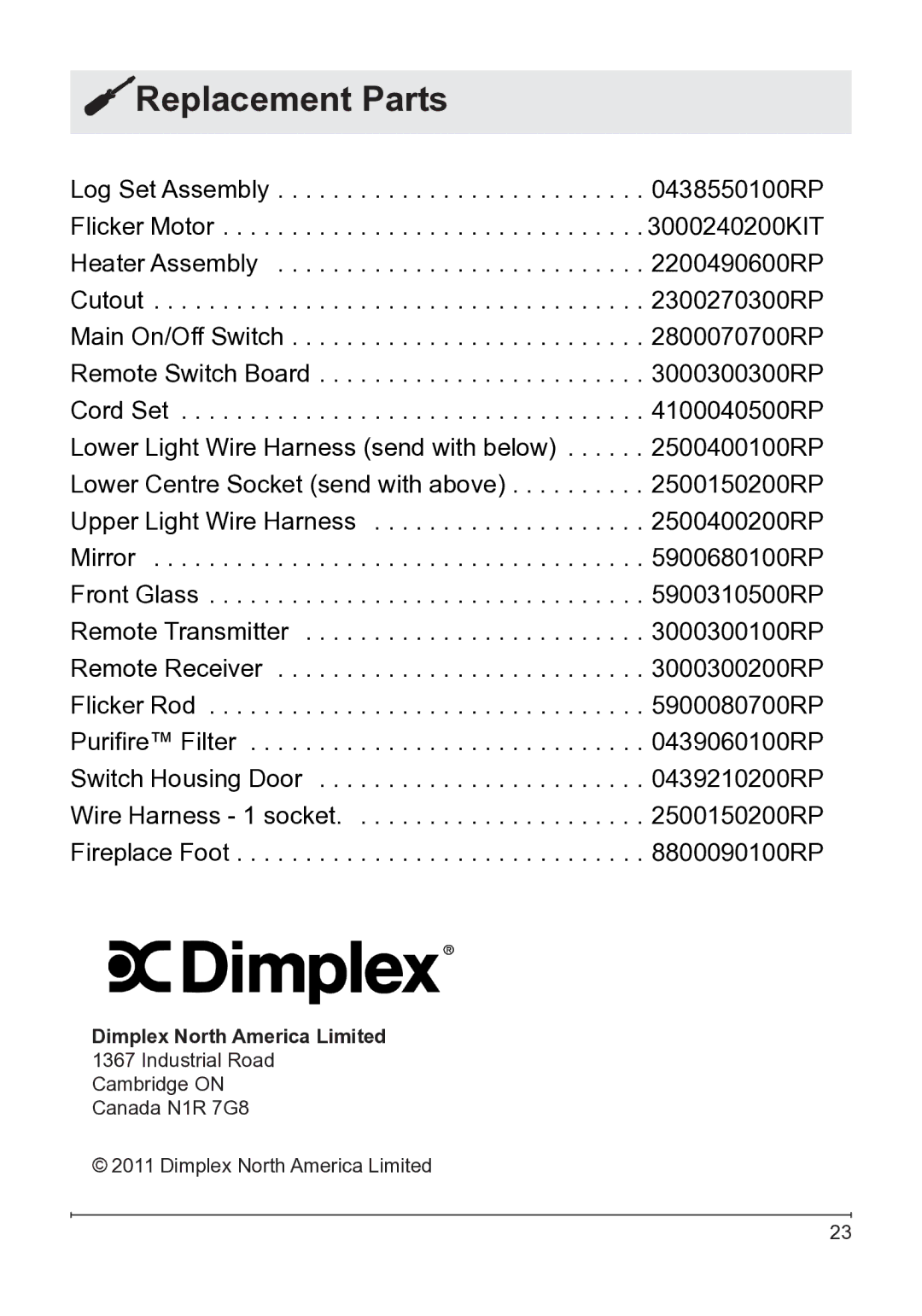 Dimplex DFB8842 owner manual Replacement Parts 