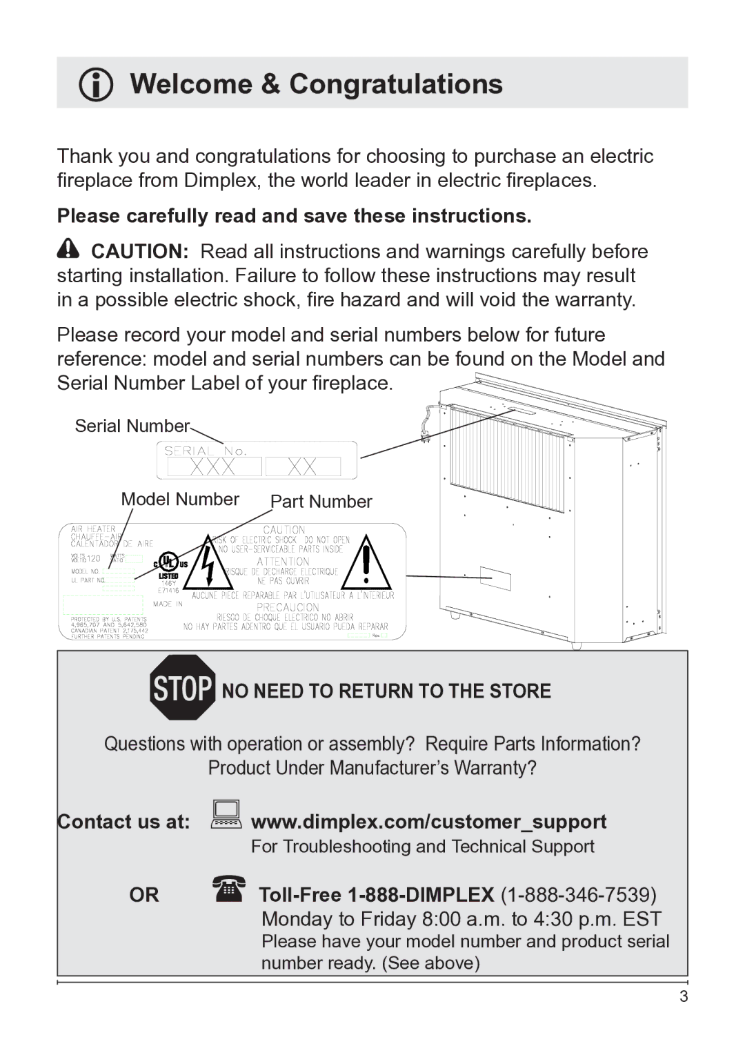 Dimplex DFB8842 owner manual Welcome & Congratulations, Please carefully read and save these instructions 