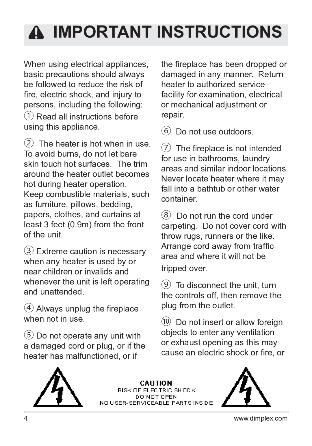 Dimplex DFB8842 owner manual Important Instructions 