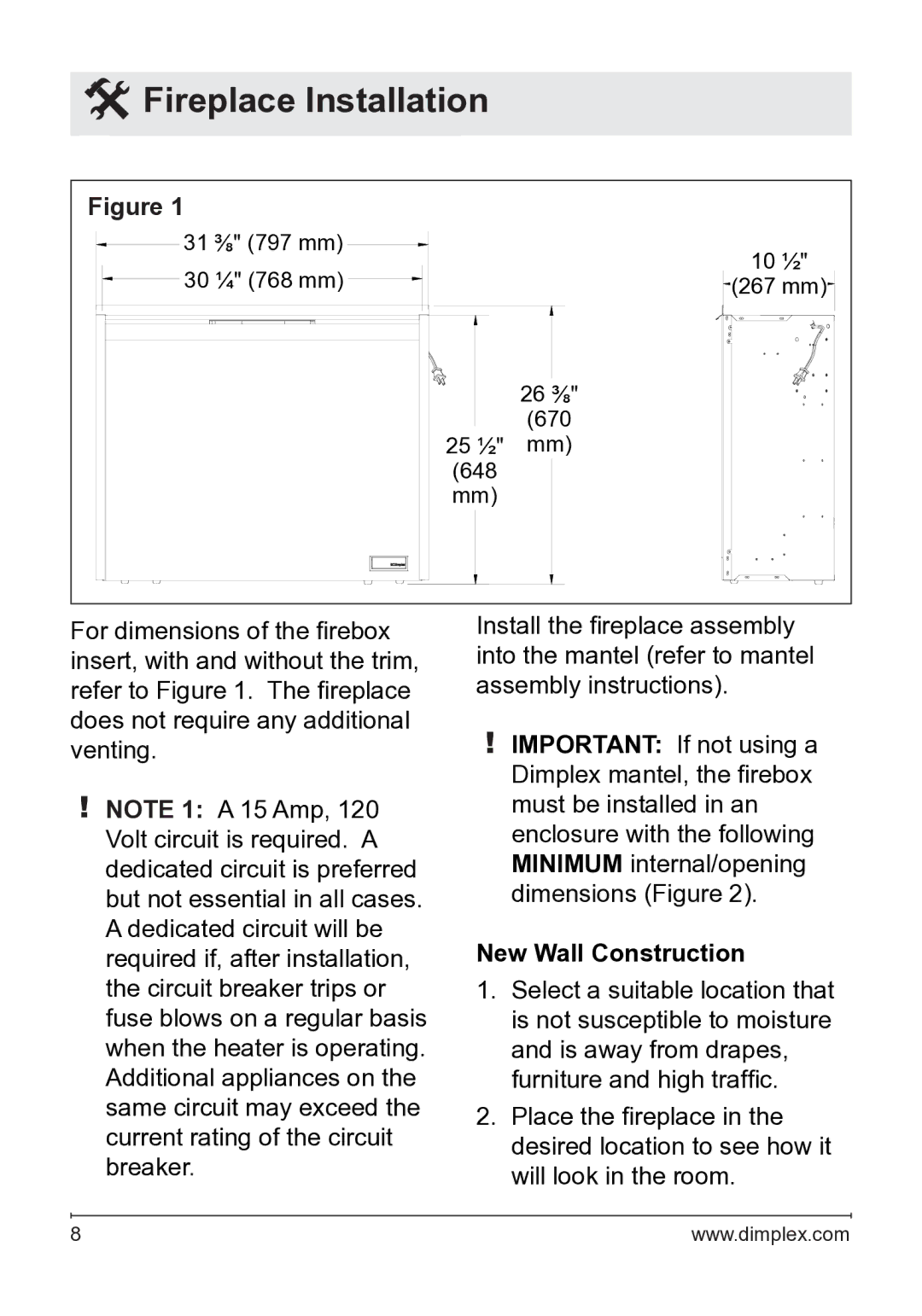 Dimplex DFB8842 owner manual Fireplace Installation, New Wall Construction 
