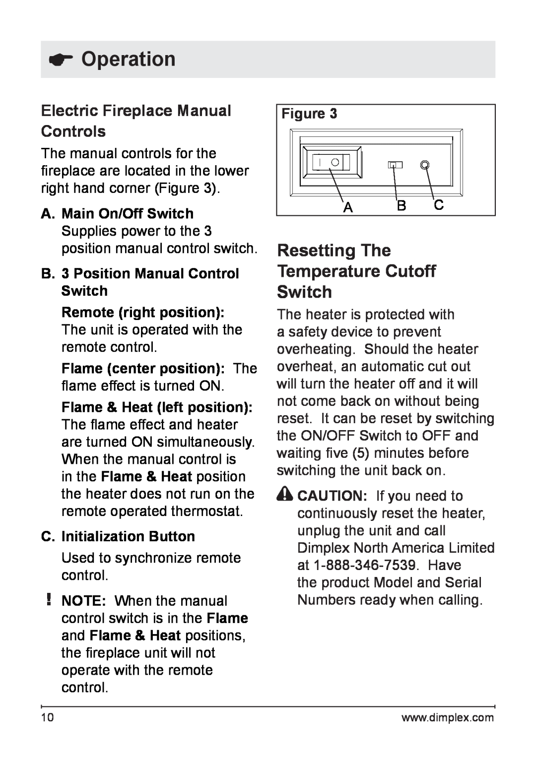 Dimplex DFB8842 owner manual Operation, Resetting The Temperature Cutoff Switch, Electric Fireplace Manual Controls 