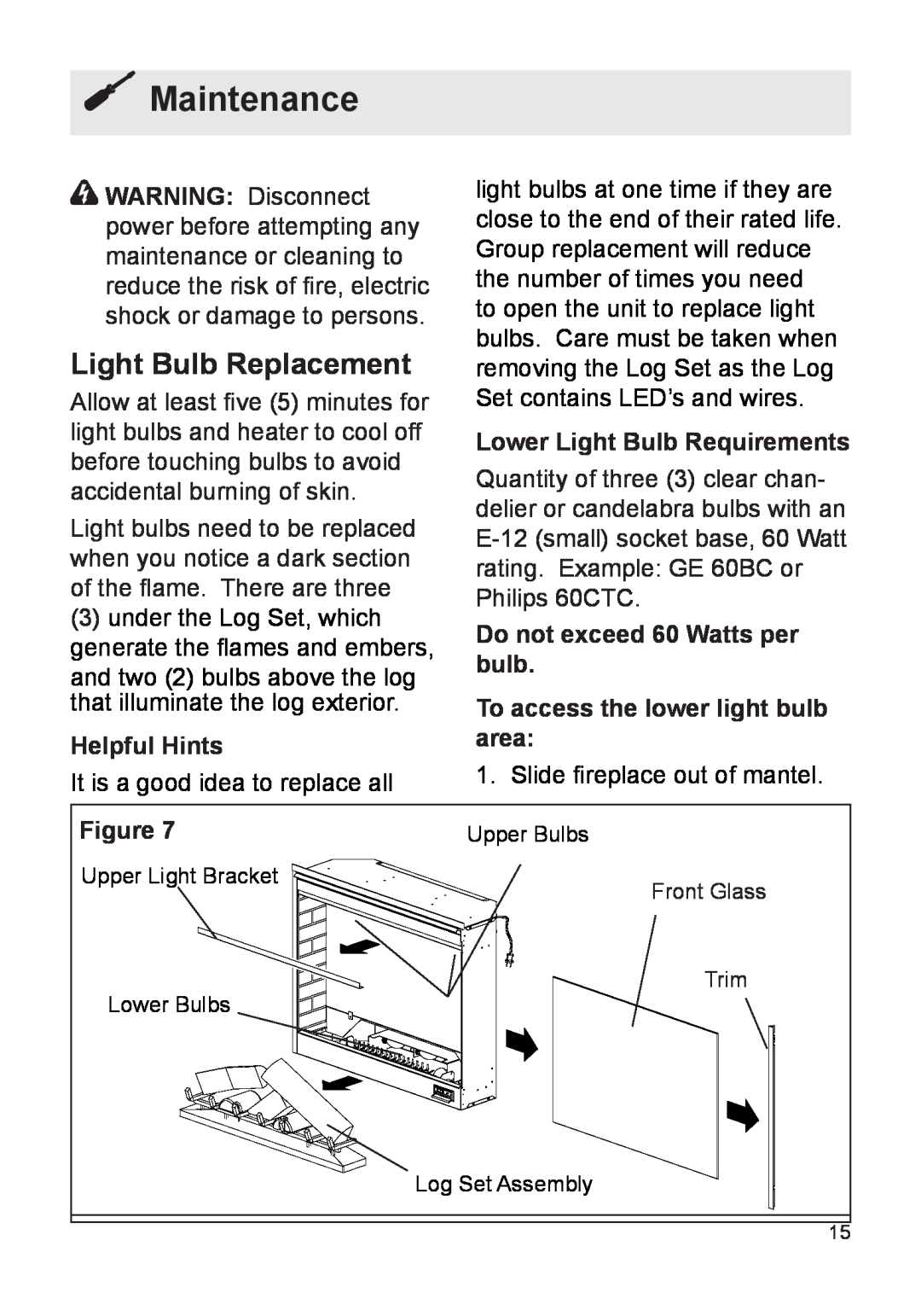 Dimplex DFB8842 owner manual Maintenance, Light Bulb Replacement, Helpful Hints, Lower Light Bulb Requirements 