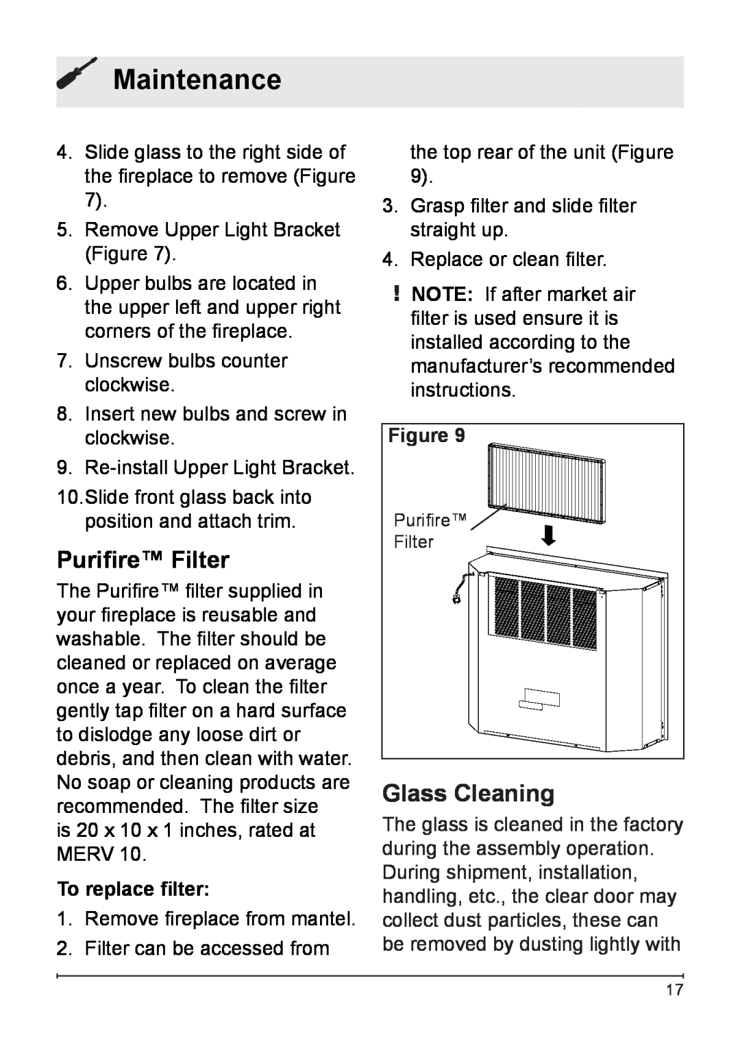 Dimplex DFB8842 owner manual Purifire Filter, Glass Cleaning, Maintenance, To replace filter 