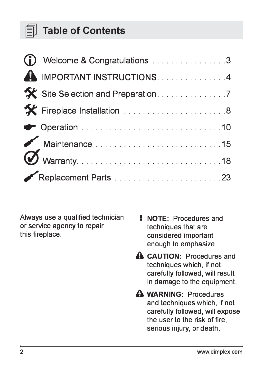 Dimplex DFB8842 owner manual Table of Contents 