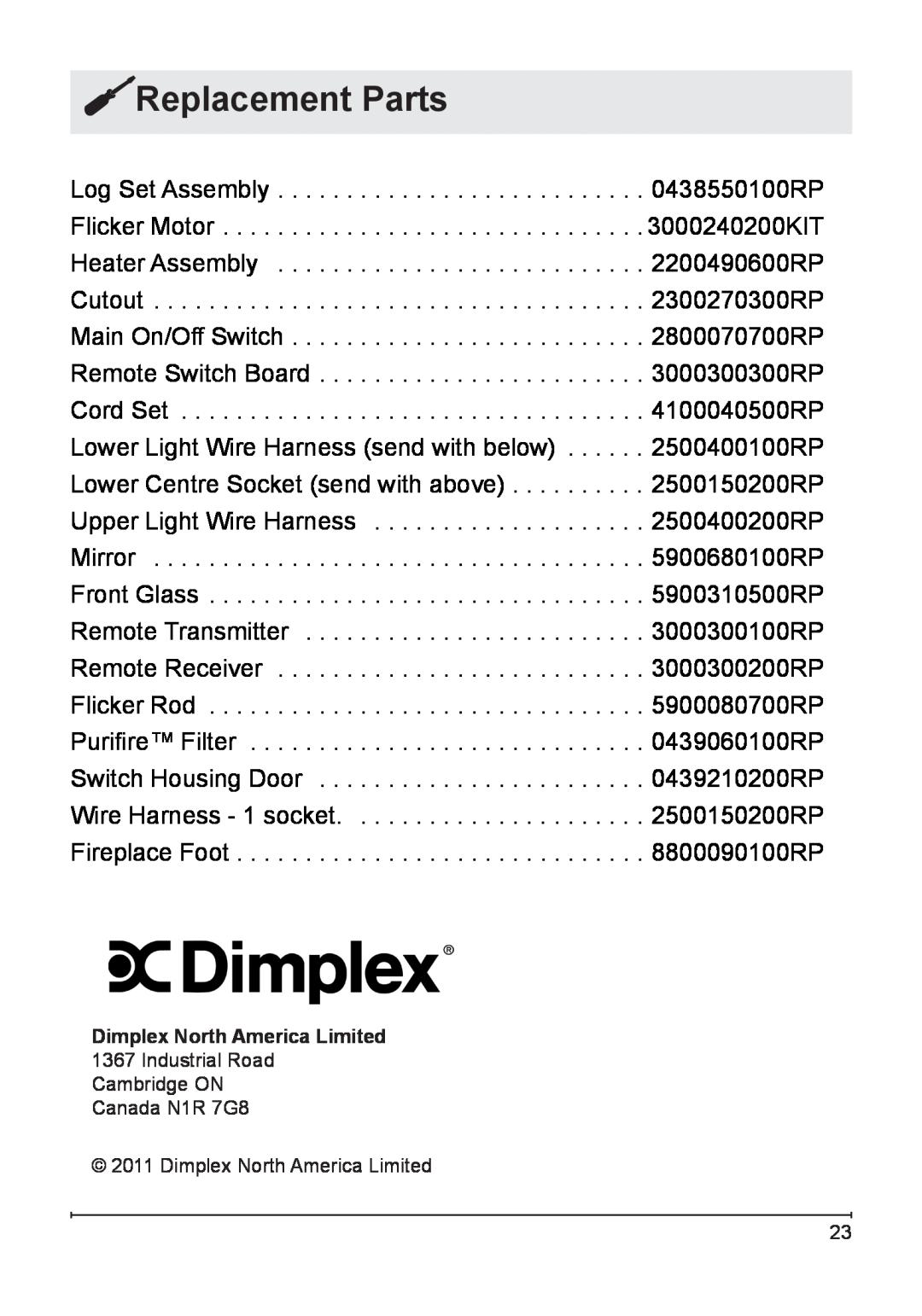 Dimplex DFB8842 owner manual Replacement Parts, Dimplex North America Limited 