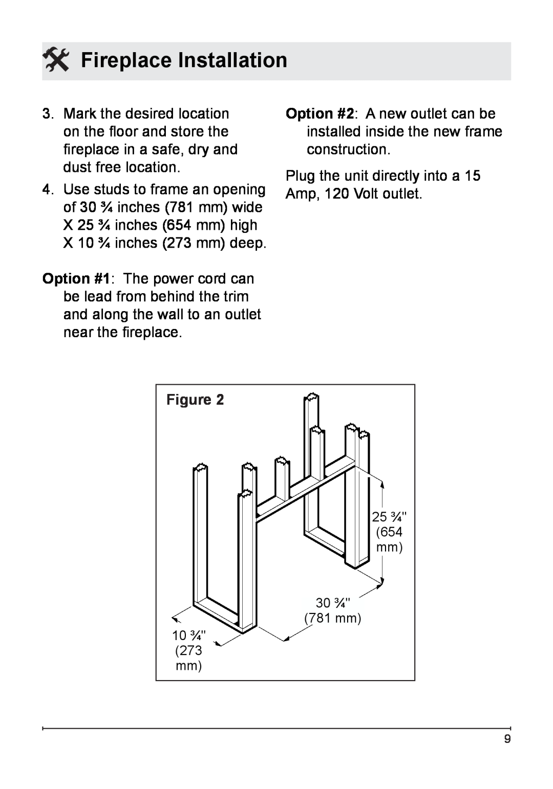 Dimplex DFB8842 owner manual Fireplace Installation, 25 ¾, 30 ¾, 10 ¾, 781 mm 
