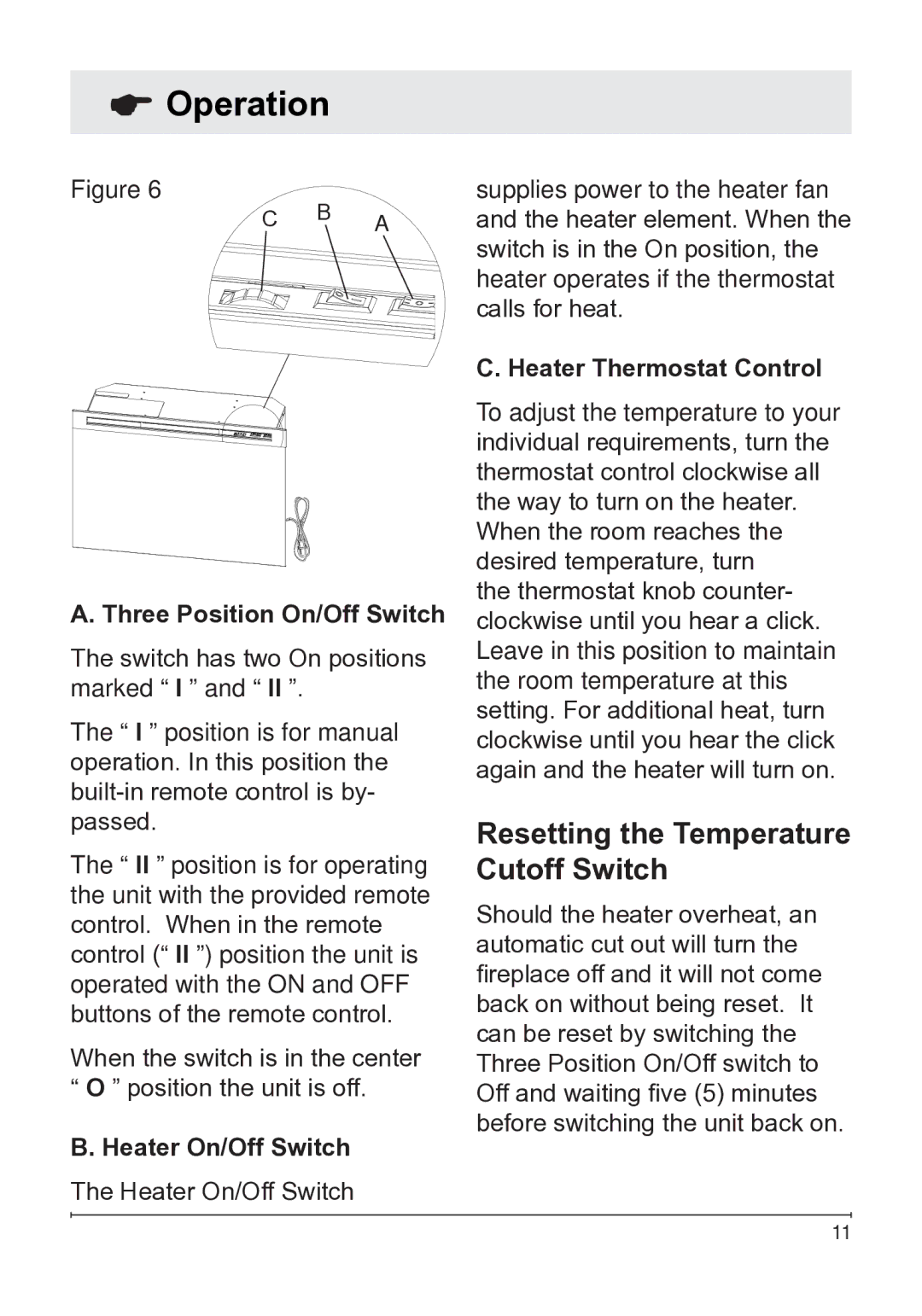 Dimplex DFG253A Operation, Resetting the Temperature Cutoff Switch, Three Position On/Off Switch, Heater On/Off Switch 