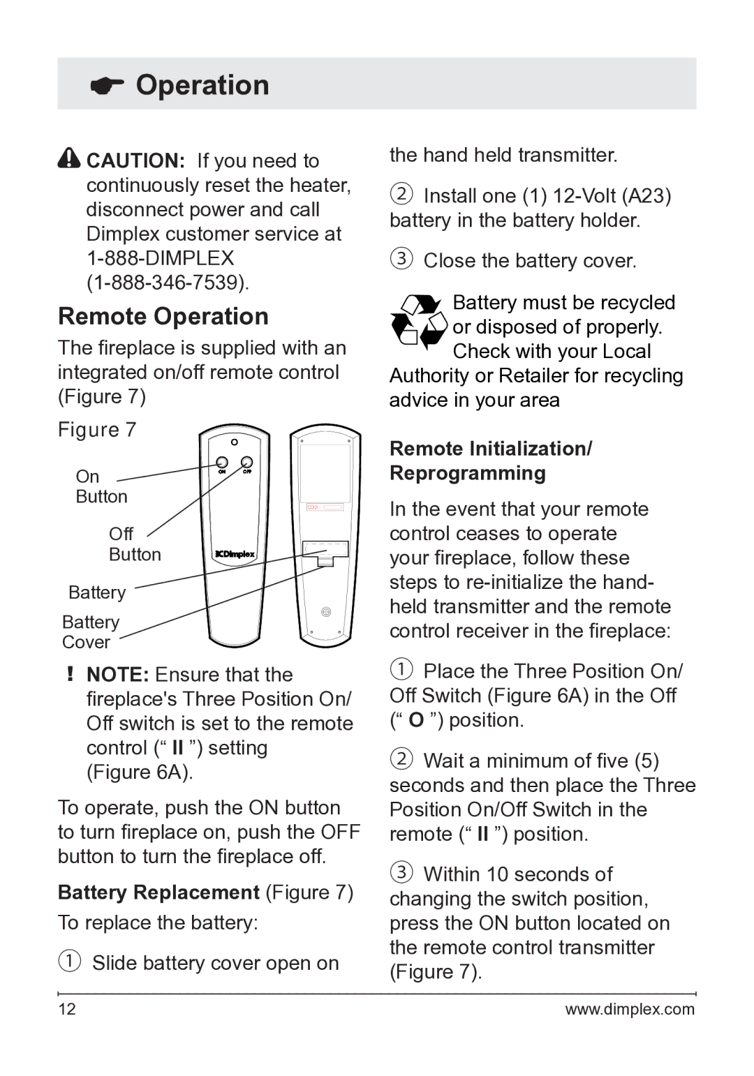 Dimplex DFG2562SS, DFG253A owner manual Remote Operation, Battery Replacement Figure, Remote Initialization Reprogramming 