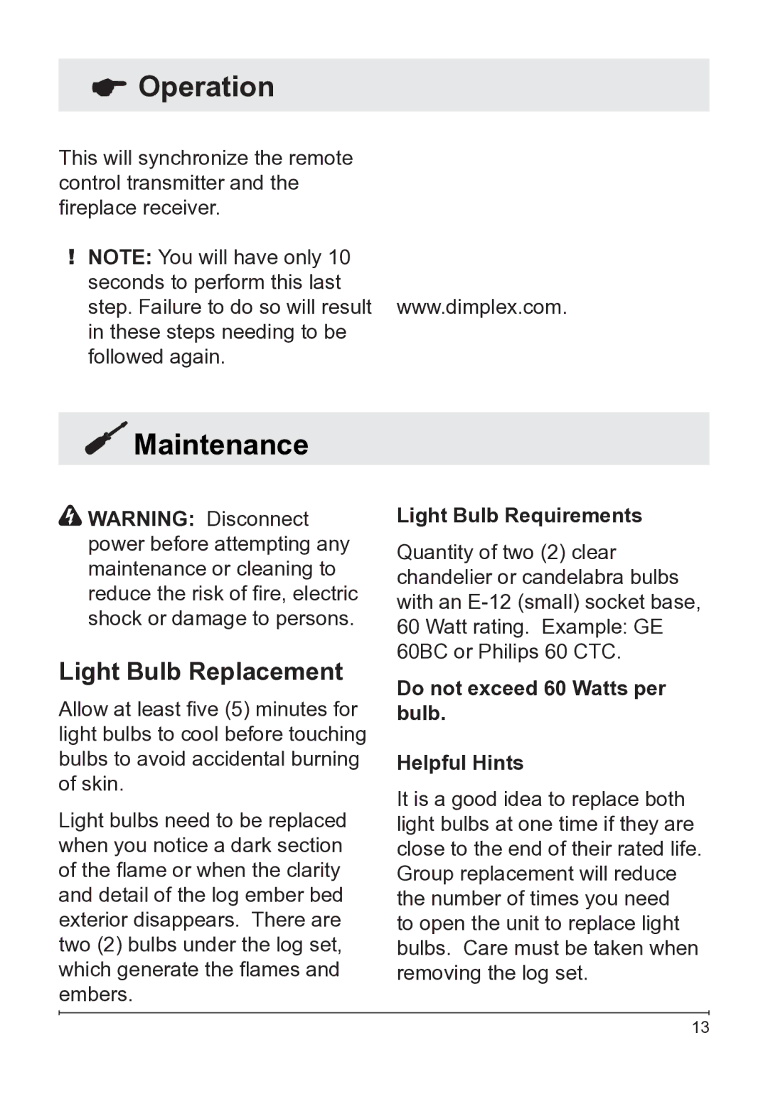 Dimplex DFG2562SS, DFG253A owner manual Maintenance, Light Bulb Replacement, Light Bulb Requirements 