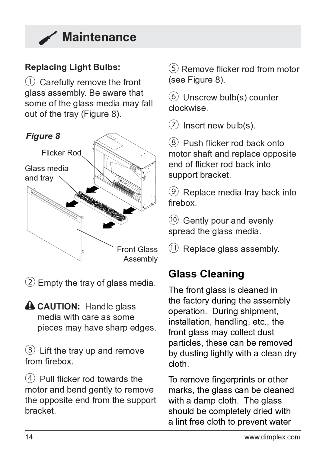 Dimplex DFG253A, DFG2562SS owner manual Glass Cleaning, Replacing Light Bulbs 