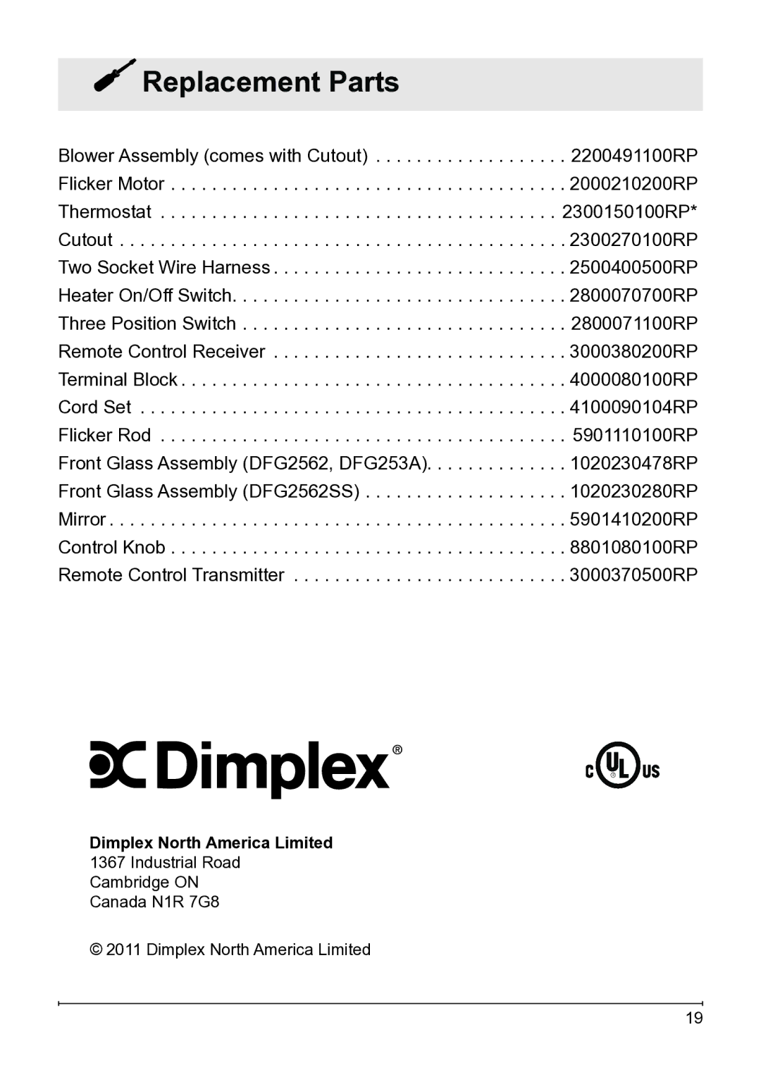 Dimplex DFG2562SS, DFG253A owner manual Replacement Parts 