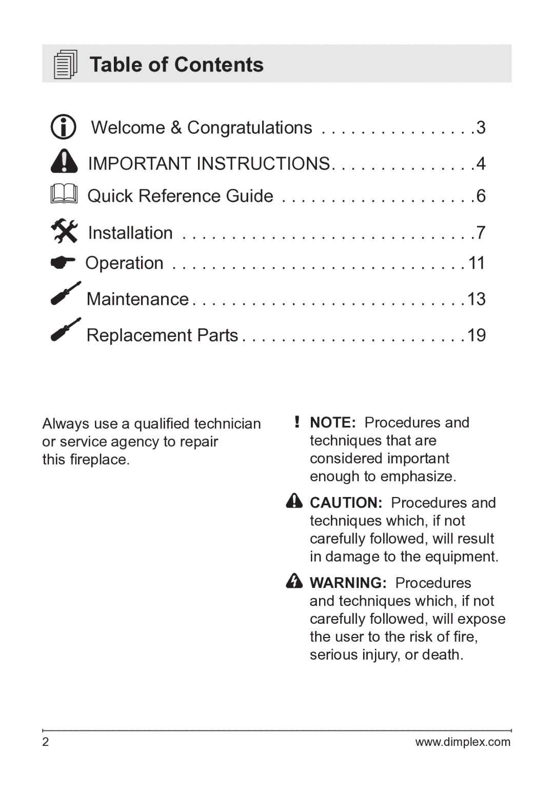 Dimplex DFG253A, DFG2562SS owner manual Table of Contents 