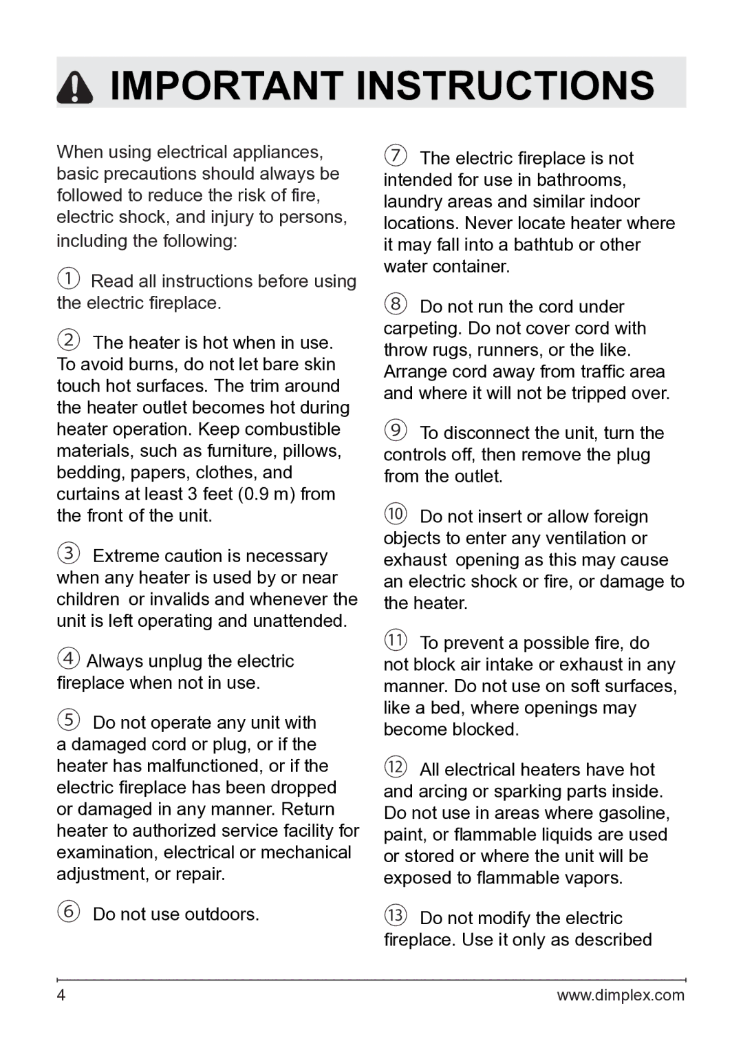 Dimplex DFG2562SS, DFG253A owner manual Important Instructions 