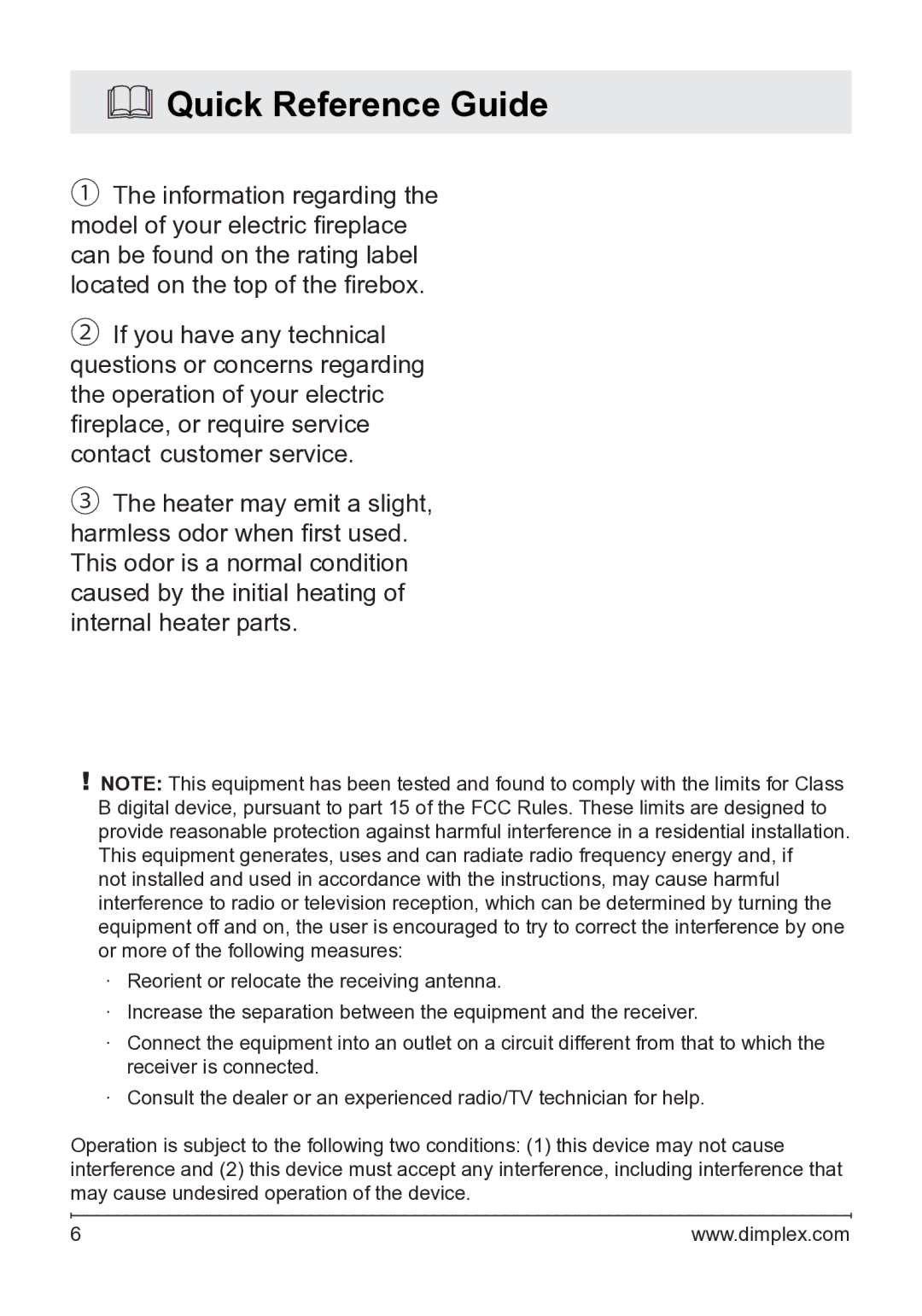 Dimplex DFG2562SS, DFG253A owner manual Quick Reference Guide 