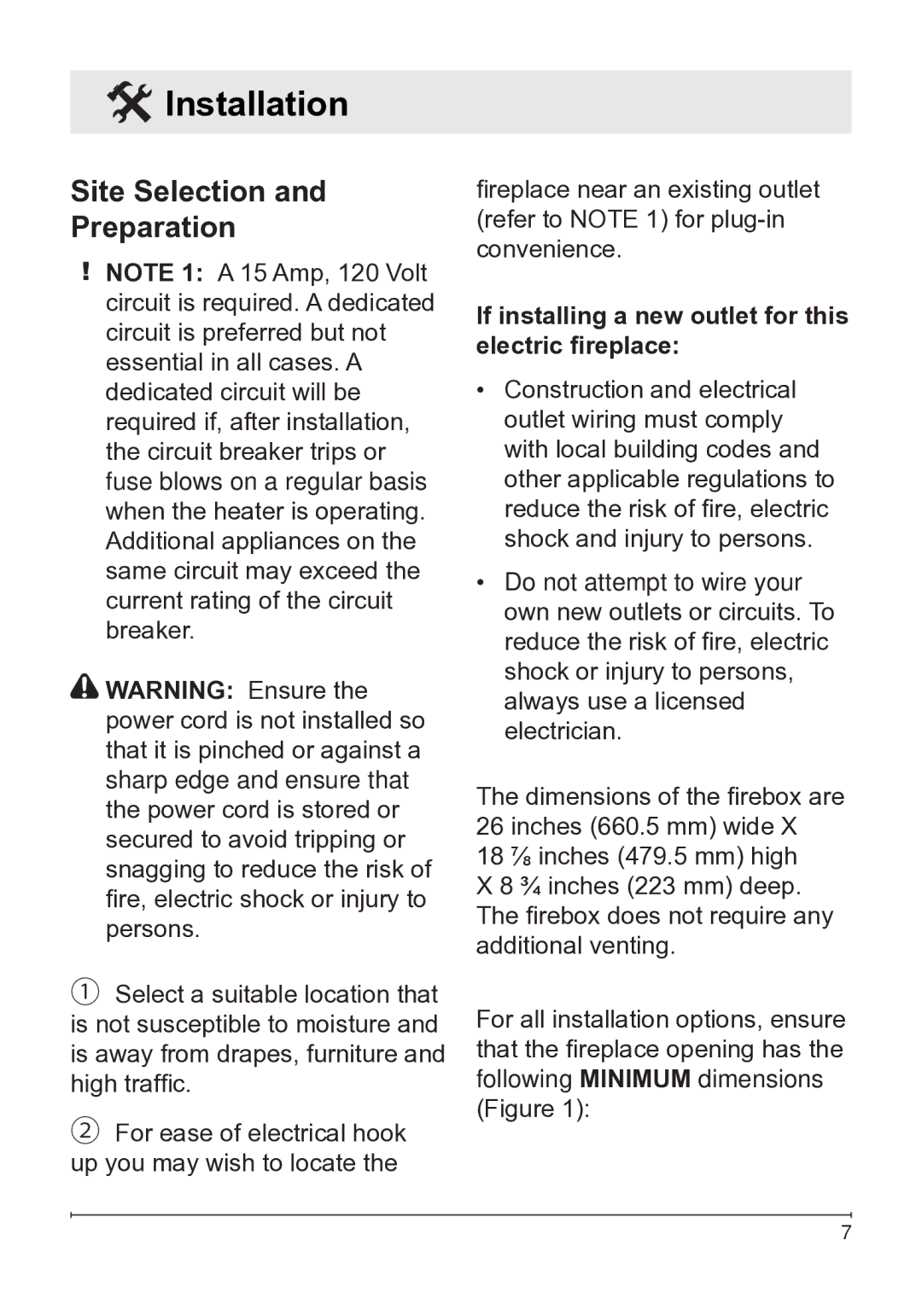 Dimplex DFG2562SS Installation, Site Selection Preparation, If installing a new outlet for this electric fireplace 