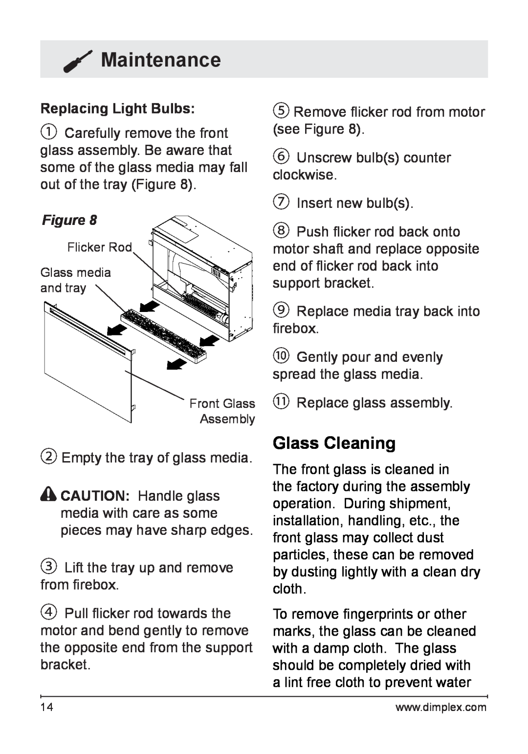 Dimplex DFG253A, DFG2562SS owner manual Glass Cleaning, Maintenance, Replacing Light Bulbs 