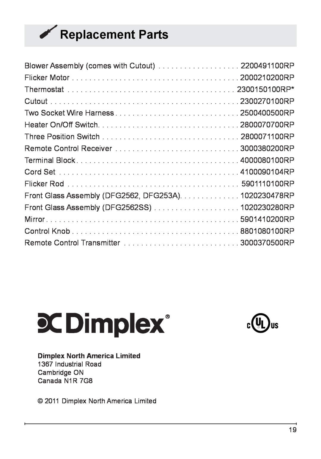 Dimplex DFG2562SS, DFG253A owner manual Replacement Parts, Dimplex North America Limited 