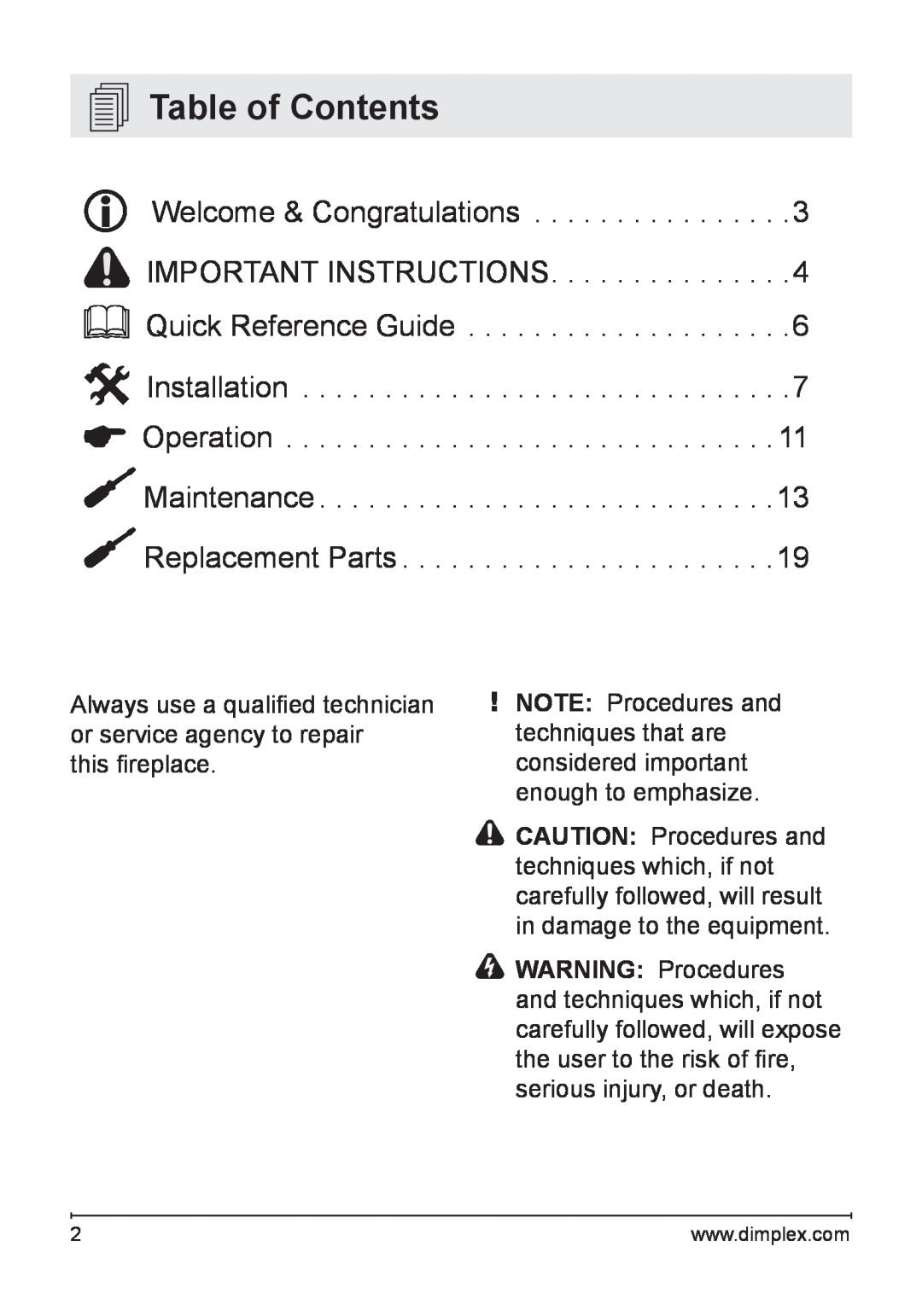 Dimplex DFG253A, DFG2562SS owner manual Table of Contents 