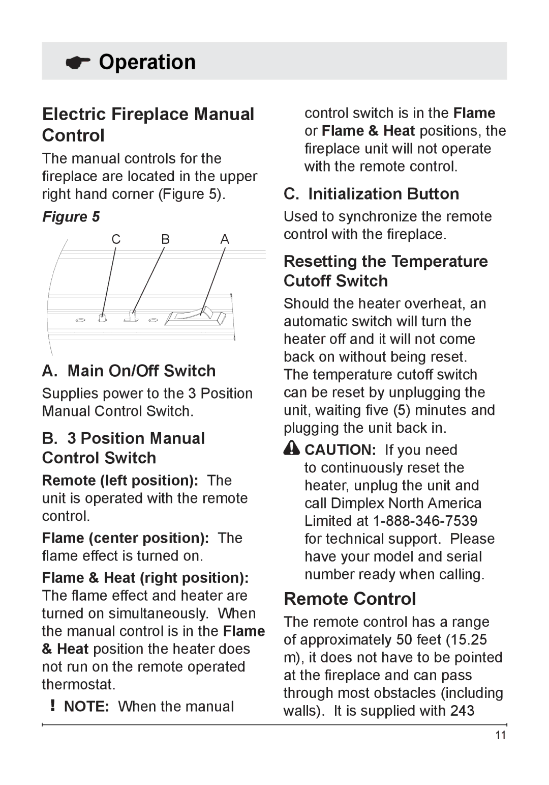 Dimplex DFG3033 owner manual Operation, Electric Fireplace Manual Control, Remote Control 