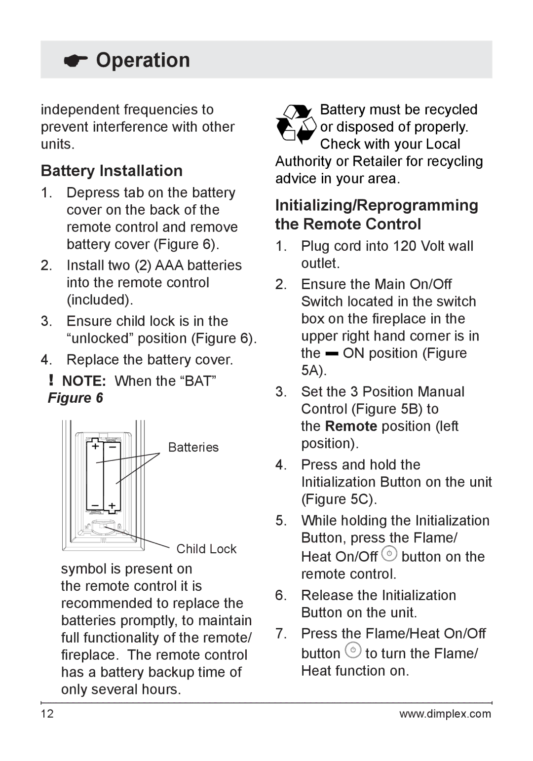 Dimplex DFG3033 owner manual Battery Installation, Initializing/Reprogramming the Remote Control 