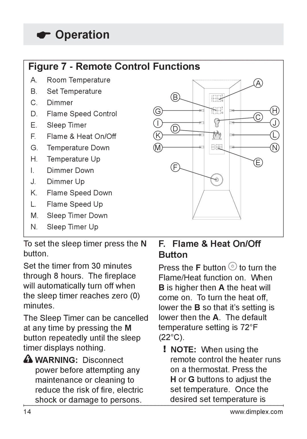 Dimplex DFG3033 owner manual Flame & Heat On/Off Button 