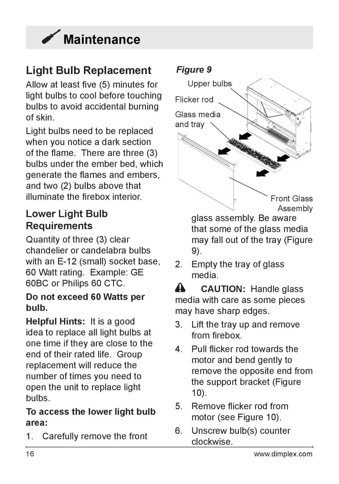 Dimplex DFG3033 owner manual Maintenance, Light Bulb Replacement, Lower Light Bulb Requirements 