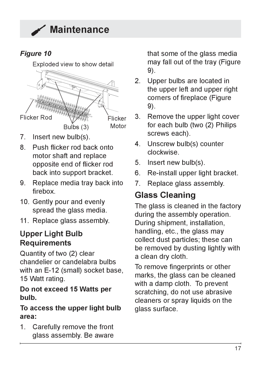 Dimplex DFG3033 owner manual Glass Cleaning, Upper Light Bulb Requirements 