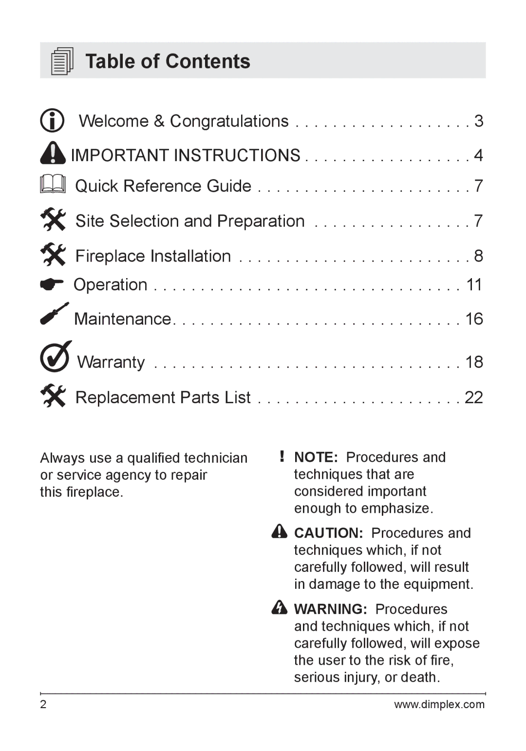 Dimplex DFG3033 owner manual Table of Contents 