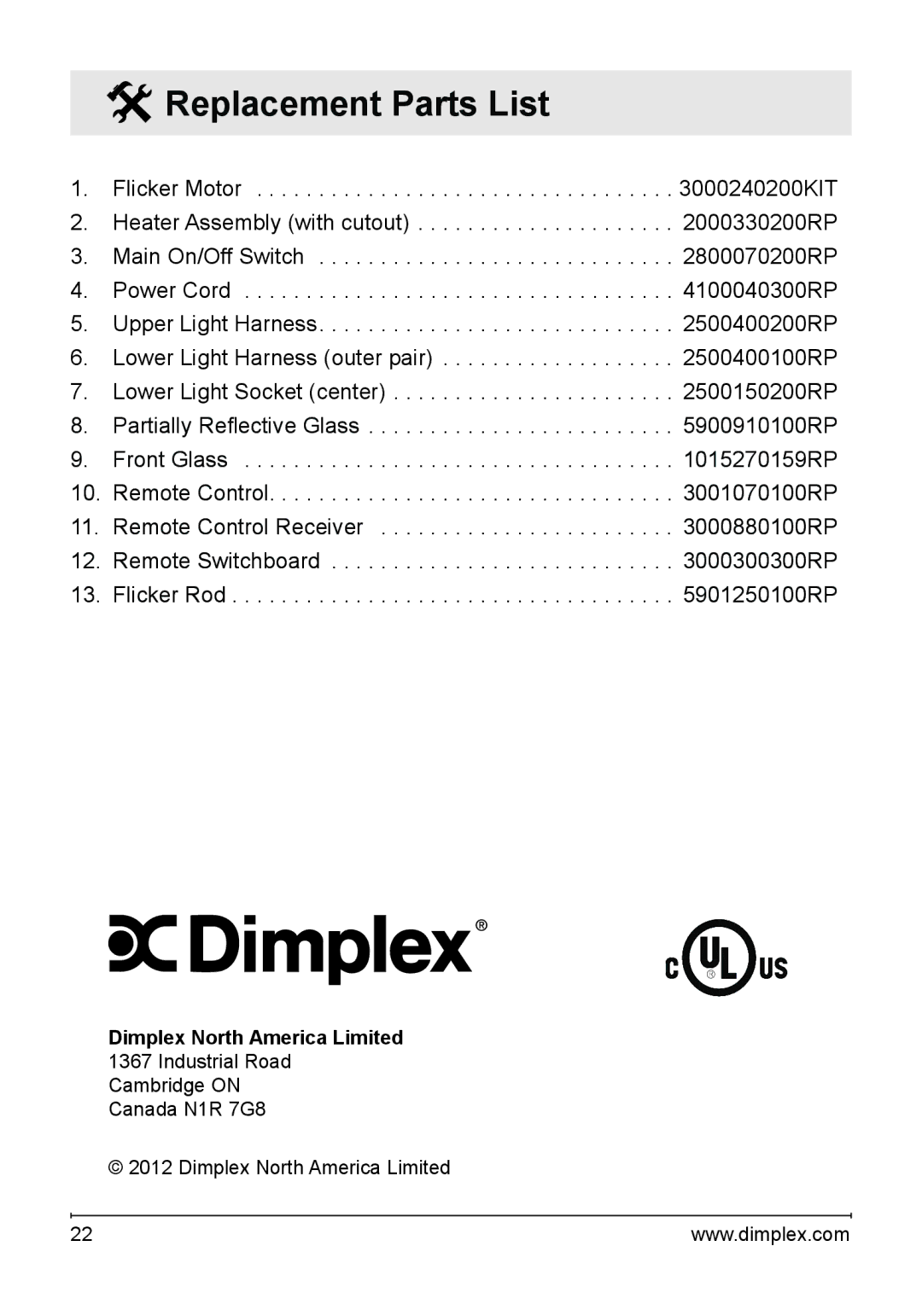 Dimplex DFG3033 owner manual Replacement Parts List 