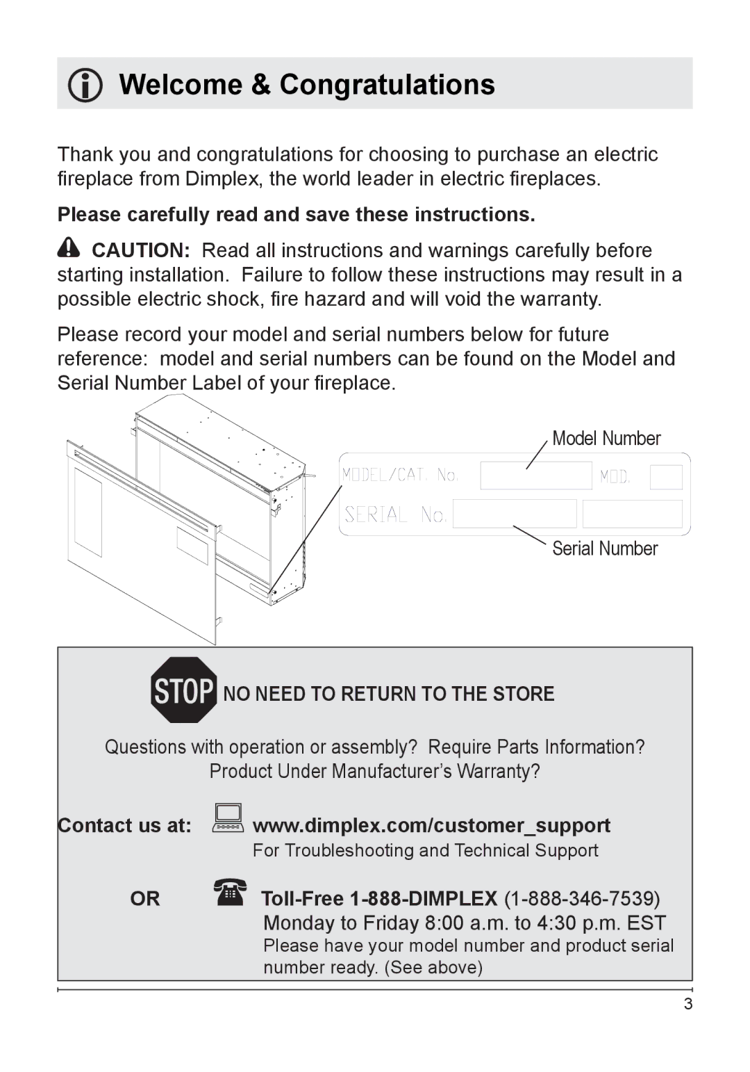 Dimplex DFG3033 owner manual Welcome & Congratulations, Please carefully read and save these instructions 