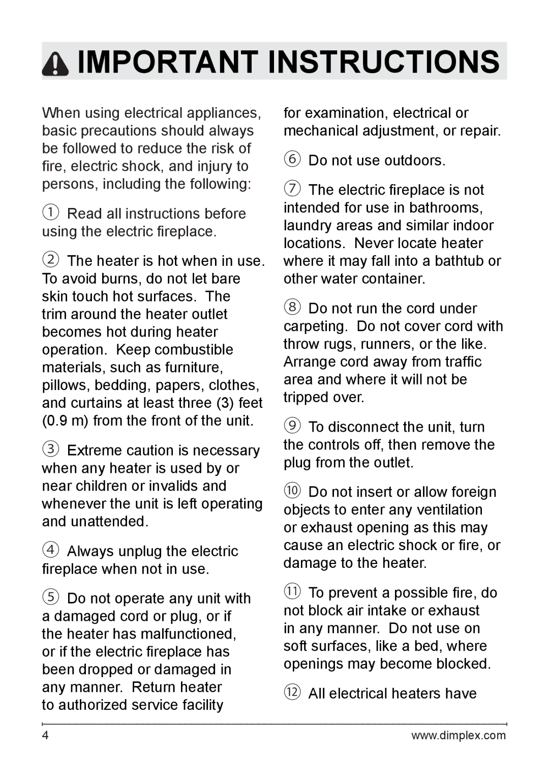 Dimplex DFG3033 owner manual Important Instructions 