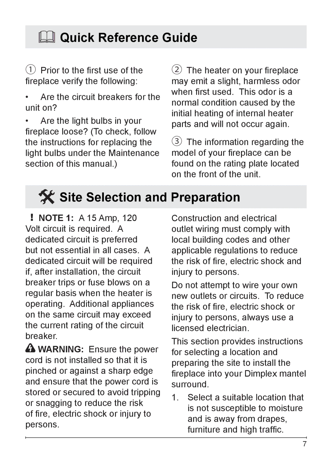 Dimplex DFG3033 owner manual Quick Reference Guide, Site Selection and Preparation 