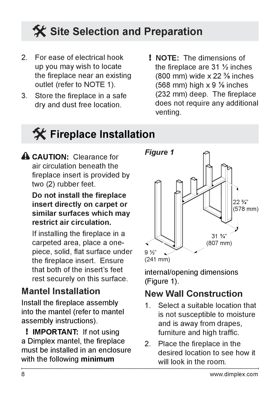 Dimplex DFG3033 owner manual Fireplace Installation, Mantel Installation, New Wall Construction 