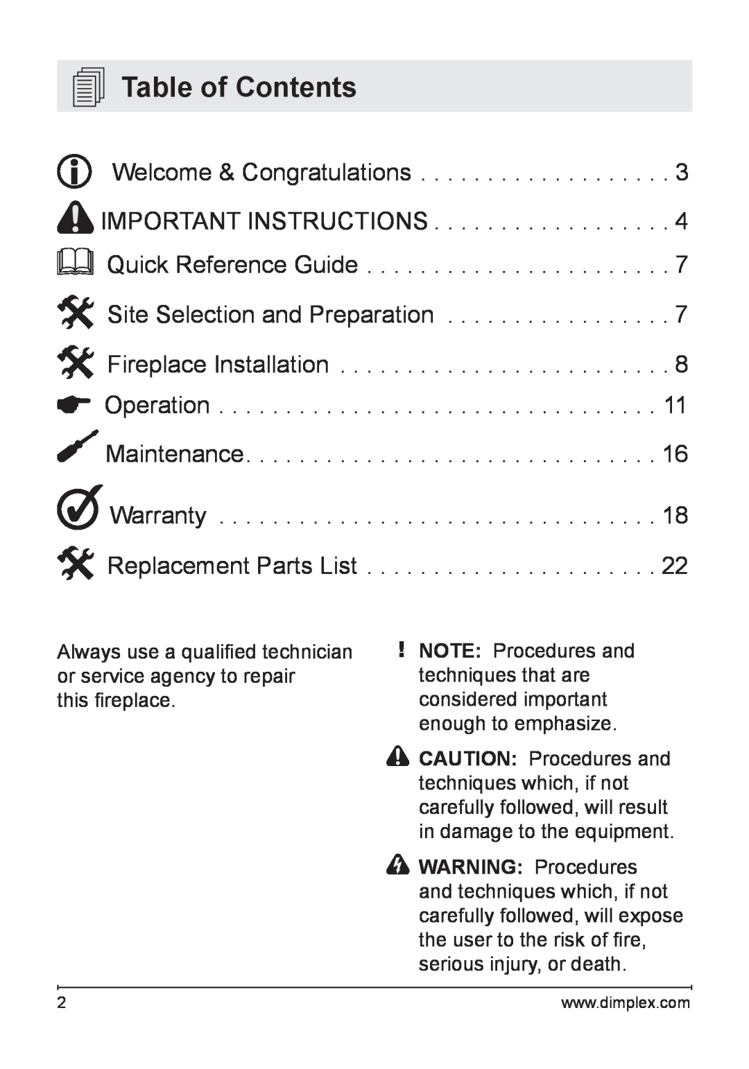 Dimplex DFG3033 owner manual Table of Contents 