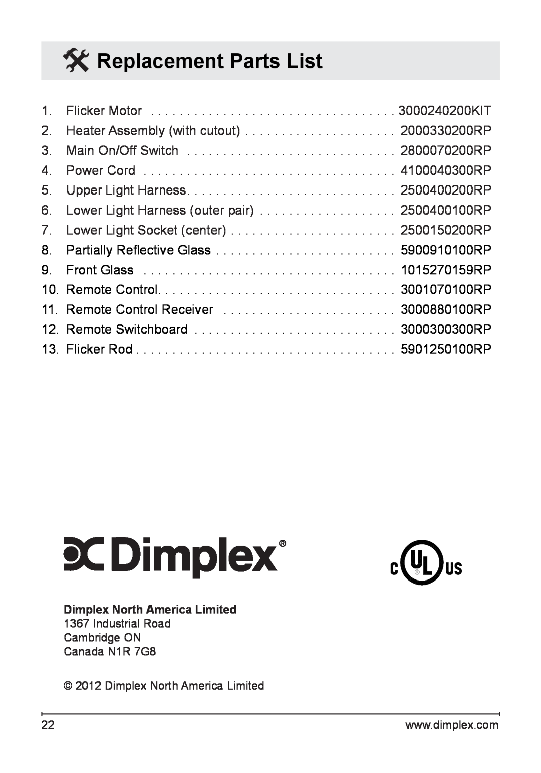 Dimplex DFG3033 owner manual Replacement Parts List, Dimplex North America Limited 
