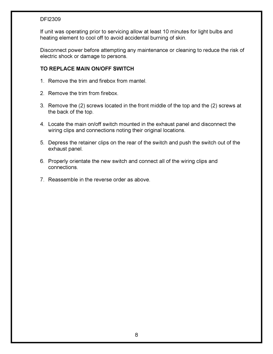 Dimplex DFI2309 service manual To Replace Main ON/OFF Switch 