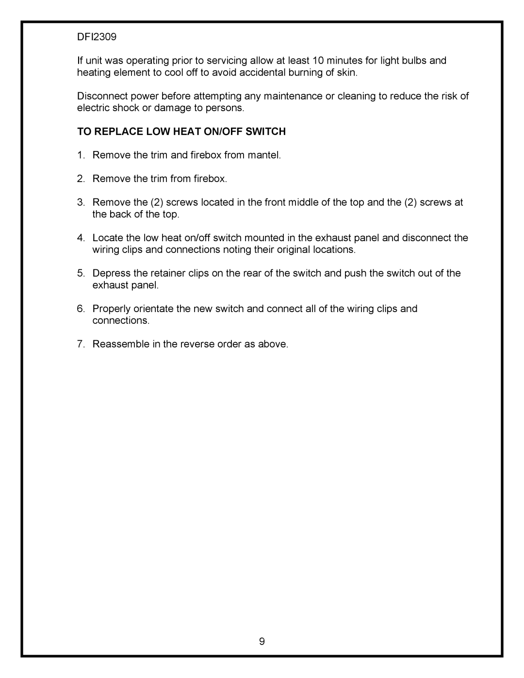 Dimplex DFI2309 service manual To Replace LOW Heat ON/OFF Switch 