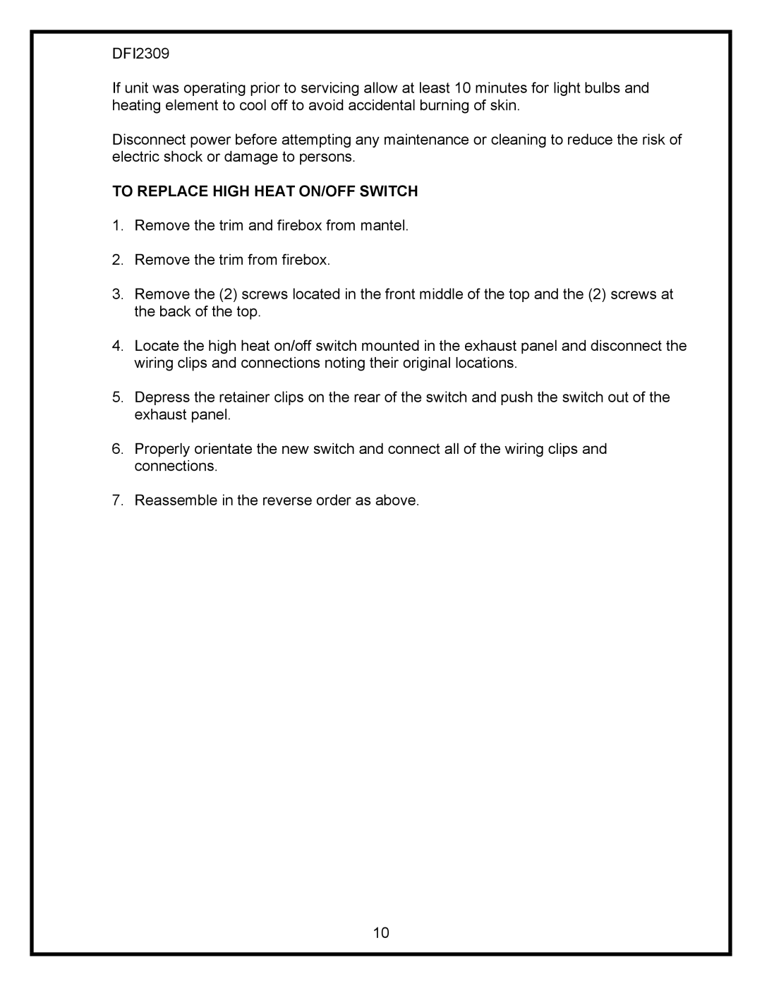 Dimplex DFI2309 service manual To Replace High Heat ON/OFF Switch 