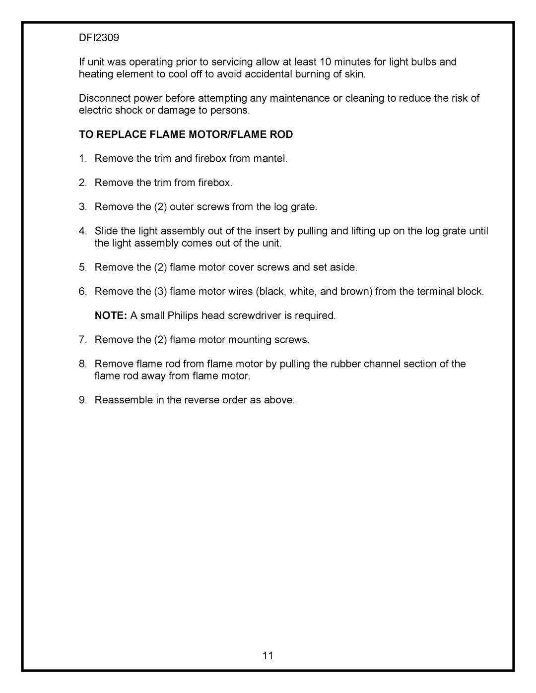 Dimplex DFI2309 service manual To Replace Flame MOTOR/FLAME ROD 