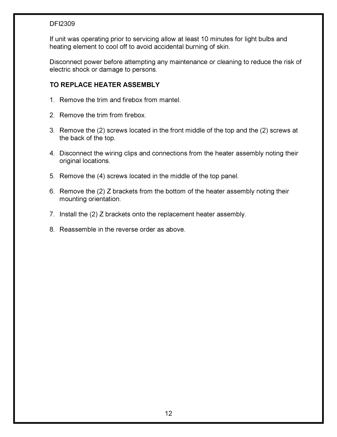 Dimplex DFI2309 service manual To Replace Heater Assembly 