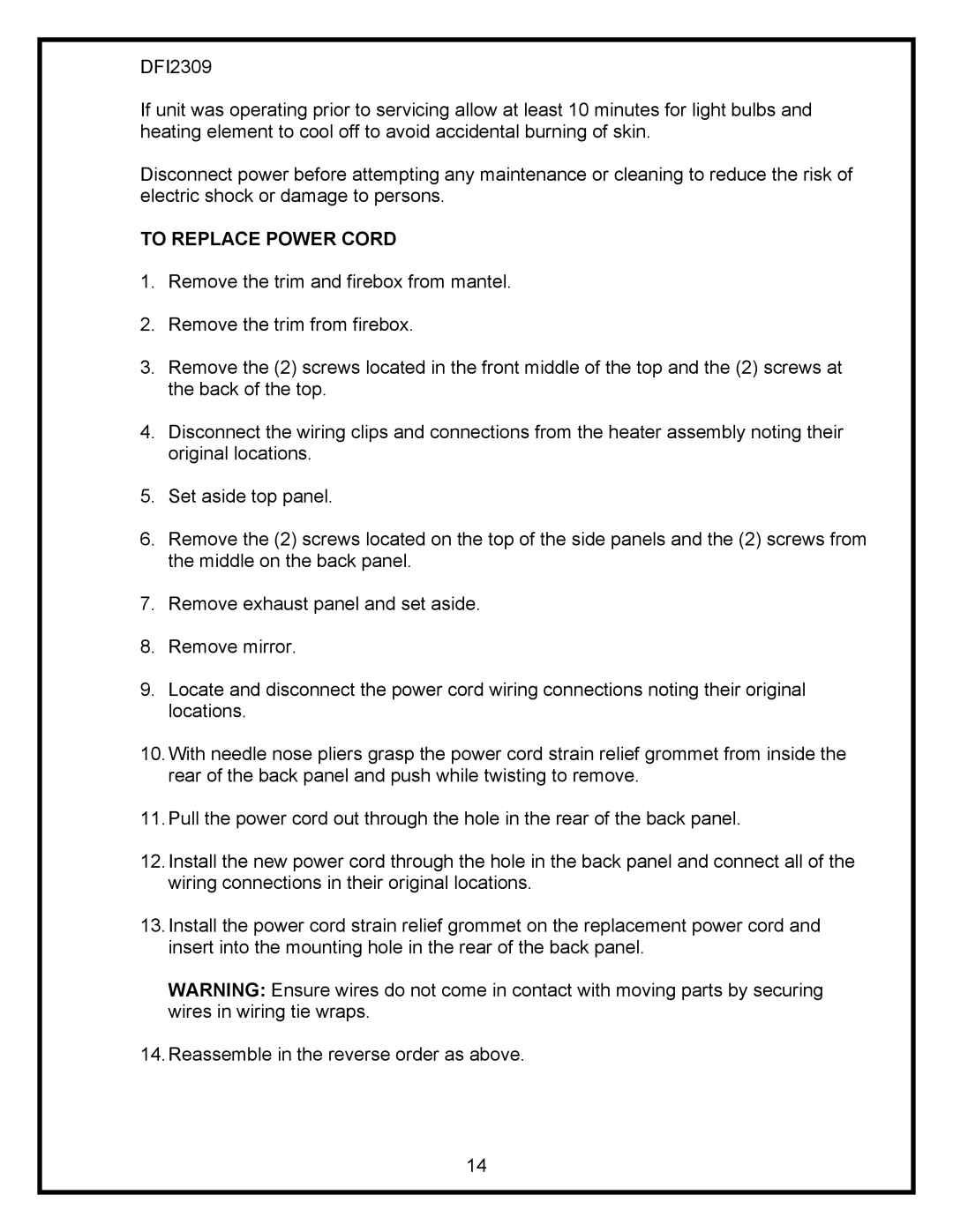 Dimplex DFI2309 service manual To Replace Power Cord 