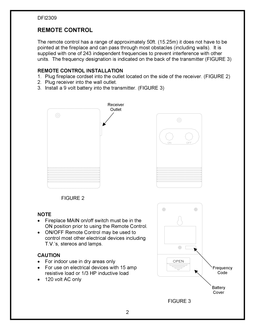 Dimplex DFI2309 service manual Remote Control Installation 