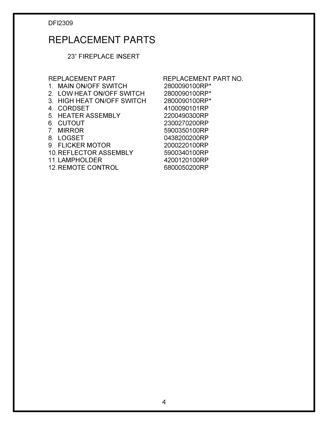 Dimplex DFI2309 service manual Replacement Parts 