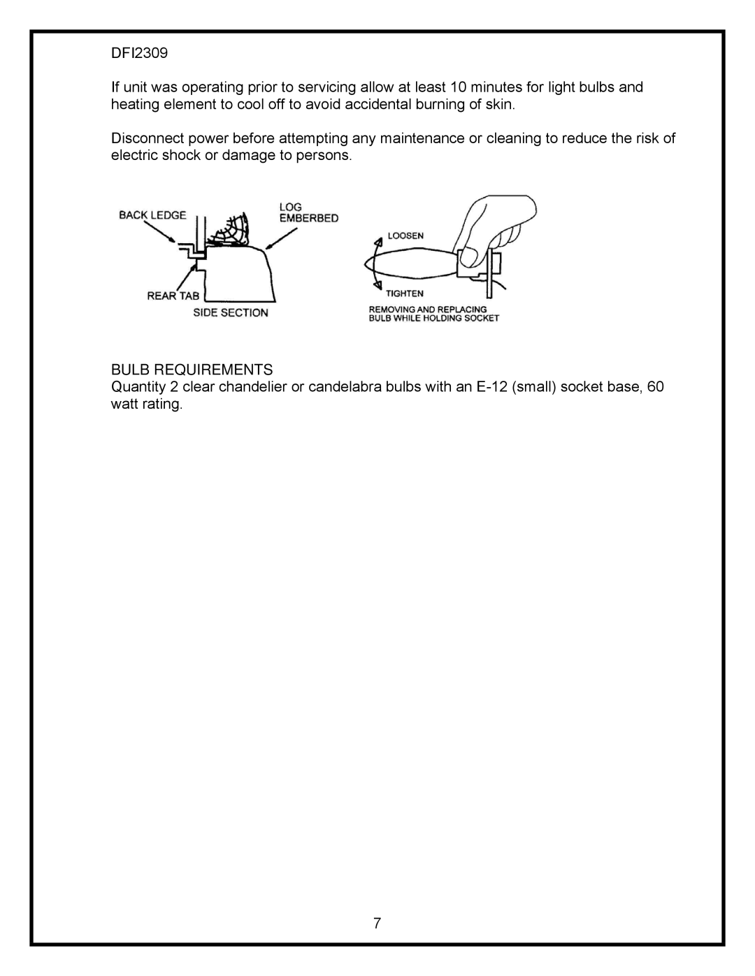 Dimplex DFI2309 service manual Bulb Requirements 